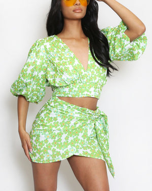 Floral Crop Tops And Mini Wrap Skirt Set