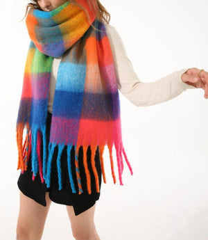 Check Print Fluffy Knit Scarf