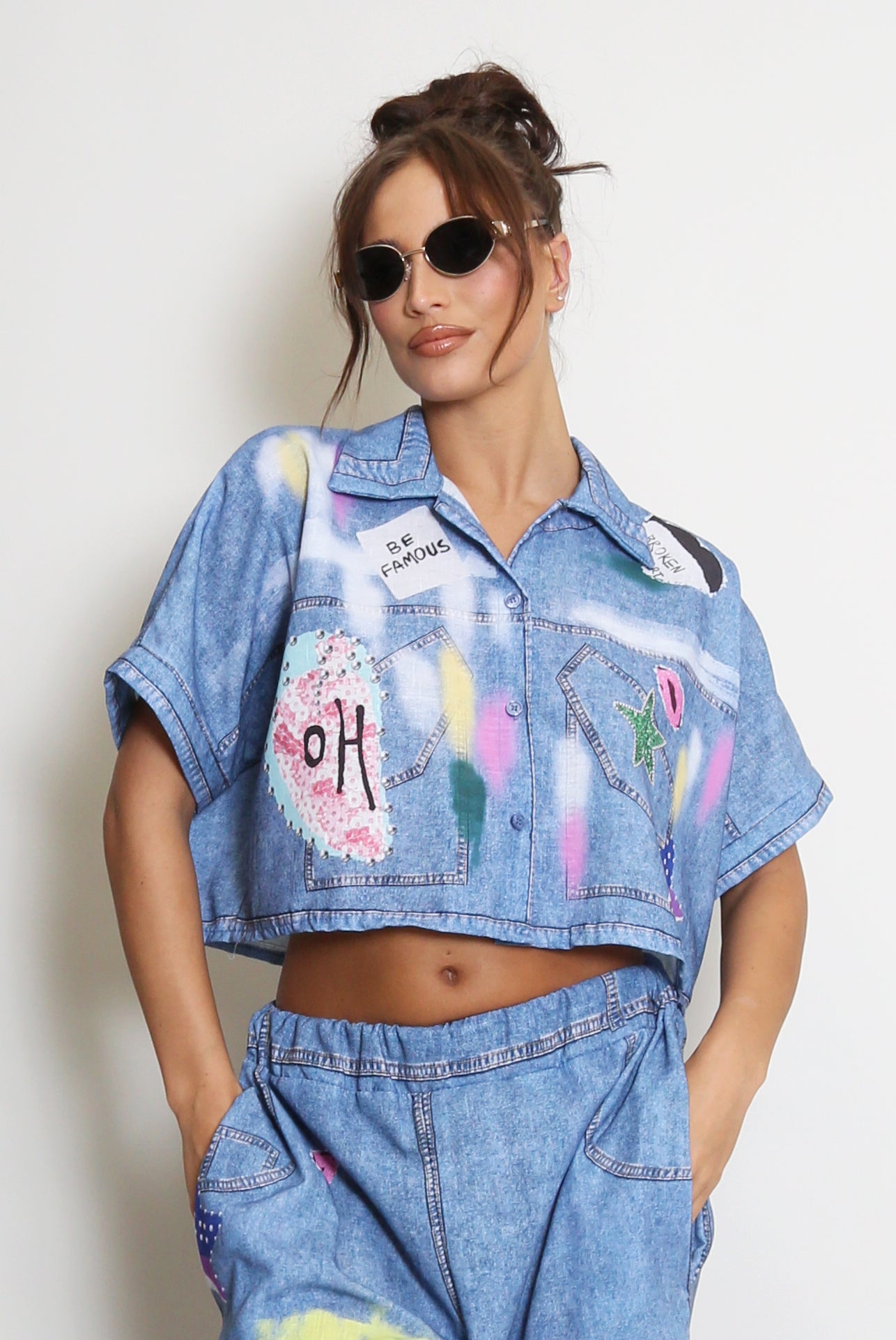 Printed Denim Blouse And Jeans Set