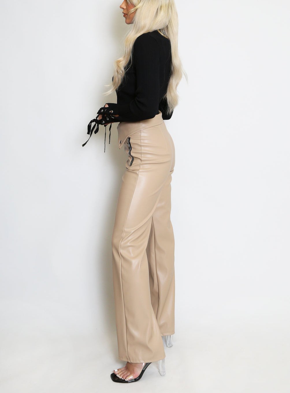 Fold Over PU Wide Leg Trouser