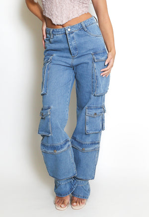 Strappy Cuff Multi-Pocket Cargo Jeans