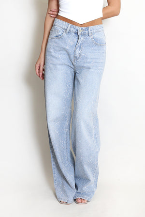 Mid Blue Embellished Wide Fit Jeans