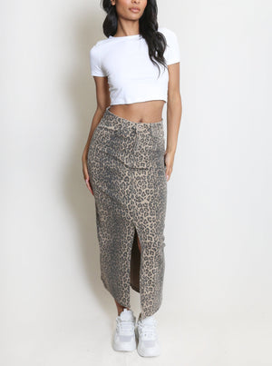 Leopard Denim Front Slit Skirt