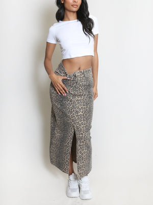 Leopard Denim Front Slit Skirt