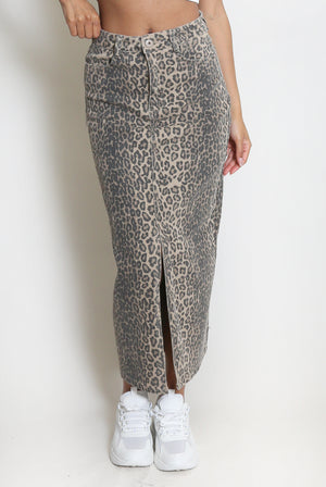 Leopard Denim Front Slit Skirt