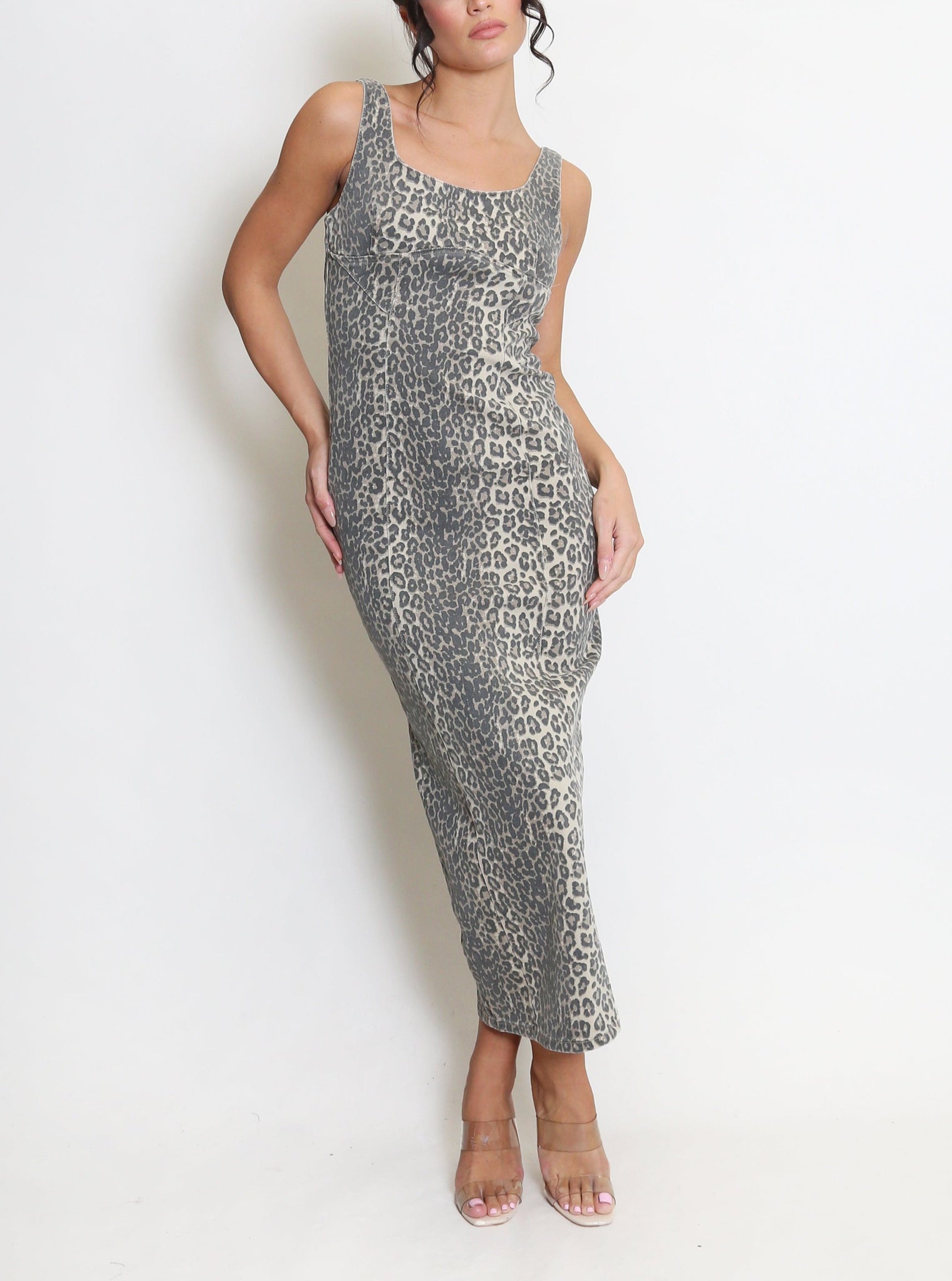 Leopard Print Denim Maxi Dress