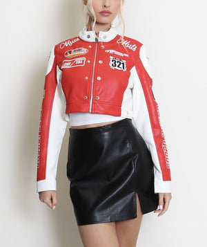 PU Cropped Slogan Biker Jacket