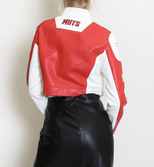 PU Cropped Slogan Biker Jacket