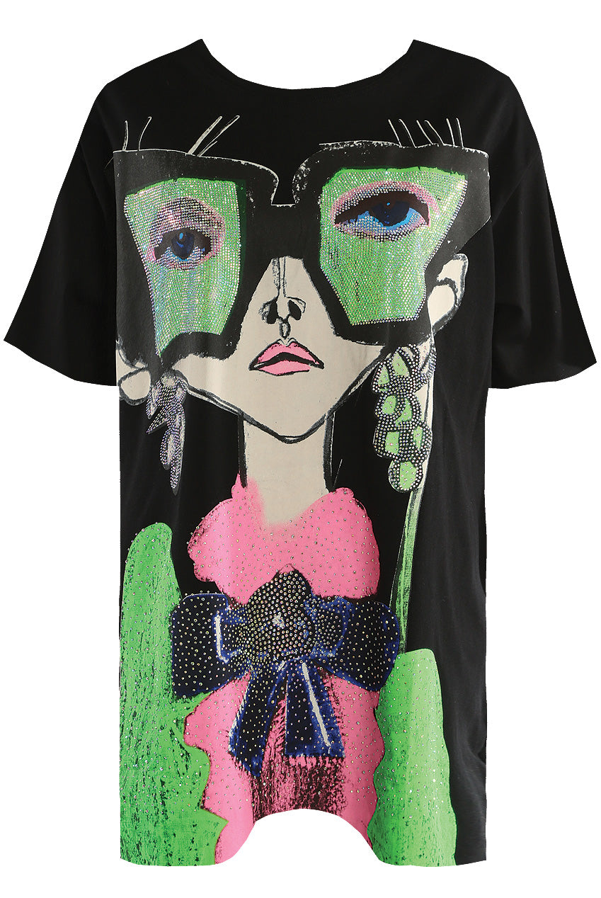 Diamante Glasses Print T-Shirt Dress