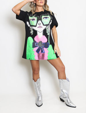 Diamante Glasses Print T-Shirt Dress