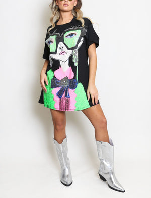 Diamante Glasses Print T-Shirt Dress