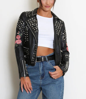 Black Floral Embroidered PU Jacket with Studs