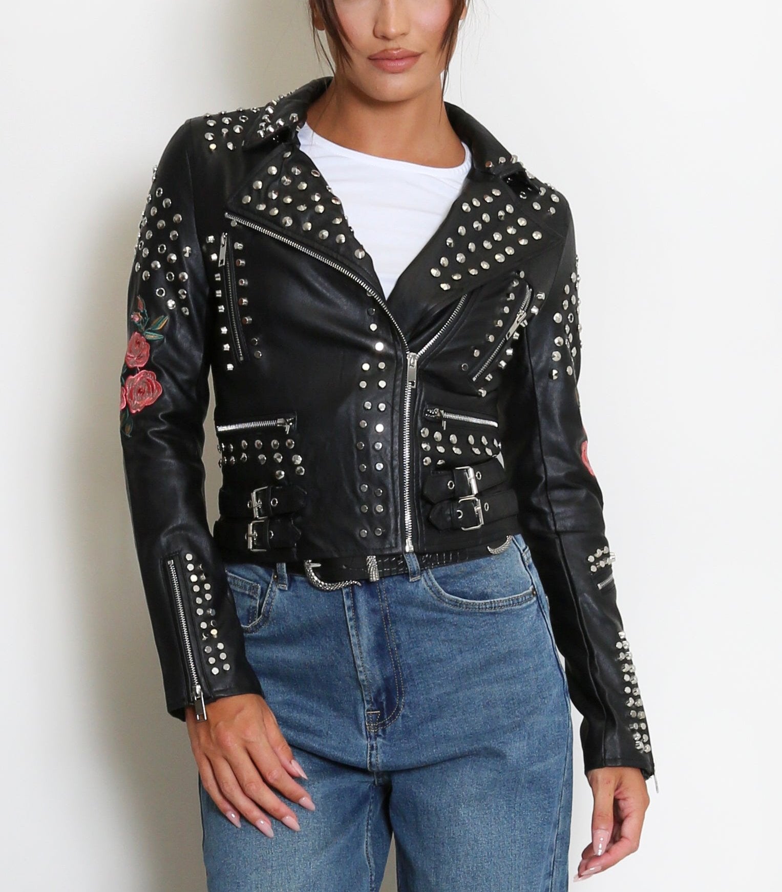 Black Floral Embroidered PU Jacket with Studs