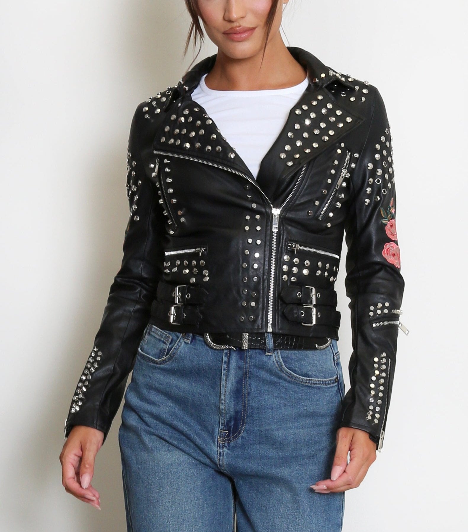 Black Floral Embroidered PU Jacket with Studs