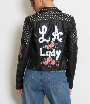 Black Floral Embroidered PU Jacket with Studs