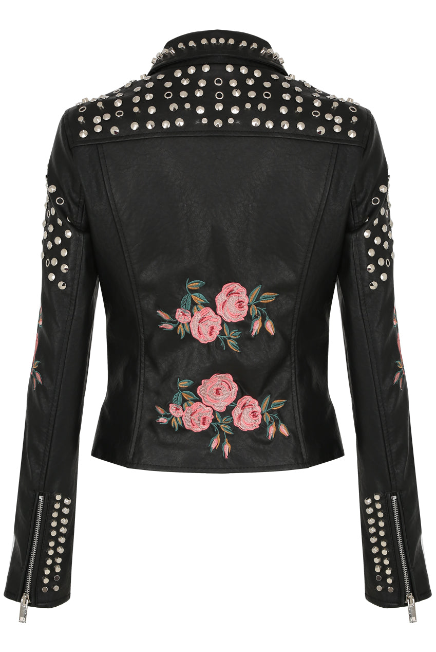 Black Floral Embroidered PU Jacket with Studs