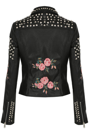 Black Floral Embroidered PU Jacket with Studs