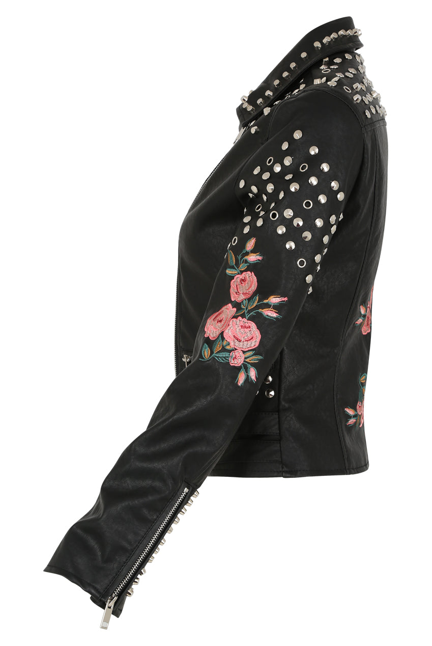 Black Floral Embroidered PU Jacket with Studs