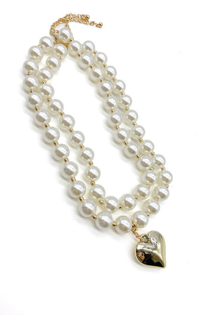 Double Pearl Necklace With Heart Pendant